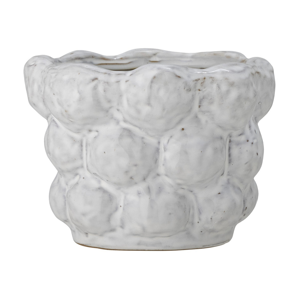 Dieter Stoneware Plant Pot in white with a bubbled, pebble-textured surface in three tiers and a soft wavy rim, shown on a plain white background.