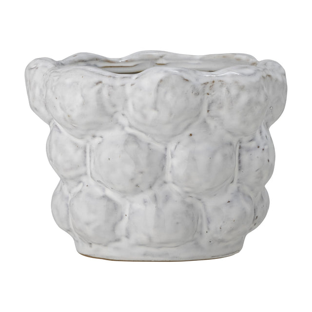 Dieter Stoneware Plant Pot in white with a bubbled, pebble-textured surface in three tiers and a soft wavy rim, shown on a plain white background.