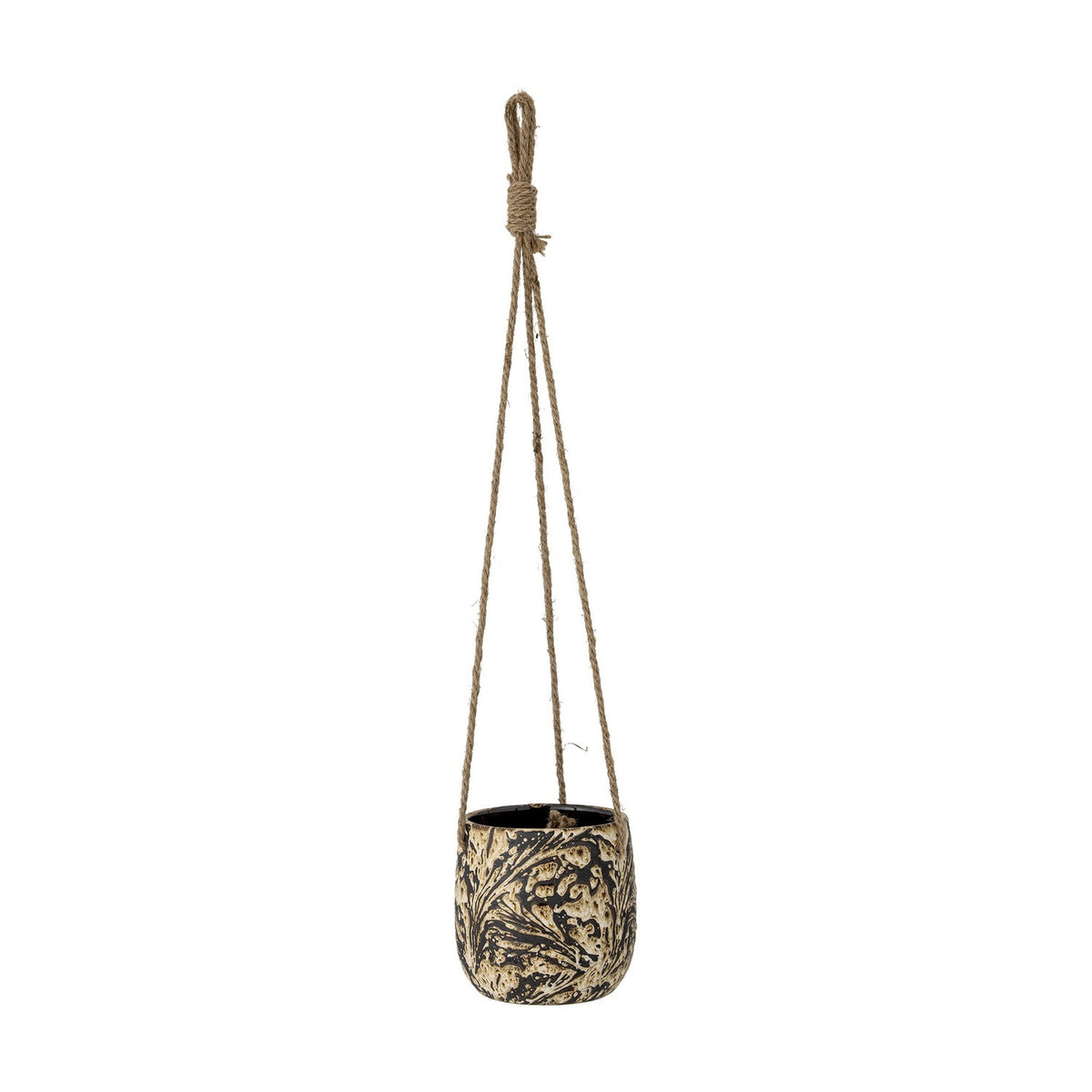 Moghis Stoneware Hanging Plant Pot in black with a hand-painted leafy pattern, rounded tapered body, suspended on knotted hemp cords, shown against a plain white background.