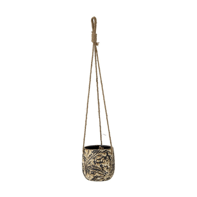 Moghis Stoneware Hanging Plant Pot in black with a hand-painted leafy pattern, rounded tapered body, suspended on knotted hemp cords, shown against a plain white background.