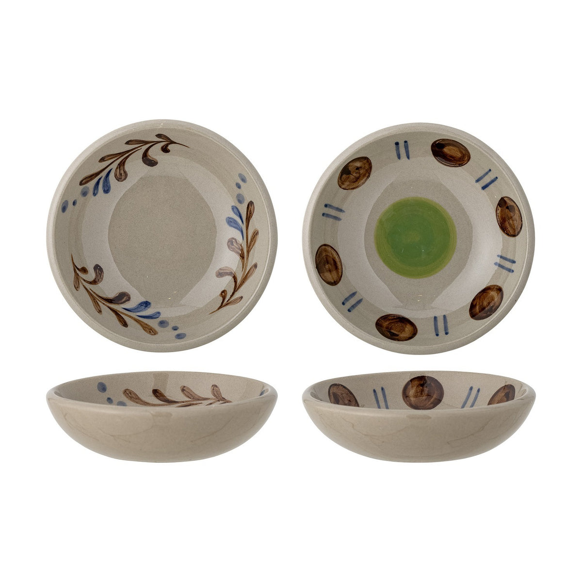 Peline Stoneware Bowls 11cm, set of 2, shown from top and side angles on a white background, one with hand-painted leafy sprigs and blue dots, the other with brown oval motifs around a green centre.