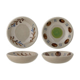Peline Stoneware Bowls 11cm, set of 2, shown from top and side angles on a white background, one with hand-painted leafy sprigs and blue dots, the other with brown oval motifs around a green centre.