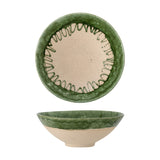 Moez Stoneware Bowl 30cm in Green, shown from top and side, with a glossy green rim featuring a looped pattern and a speckled beige centre, on a plain white background.