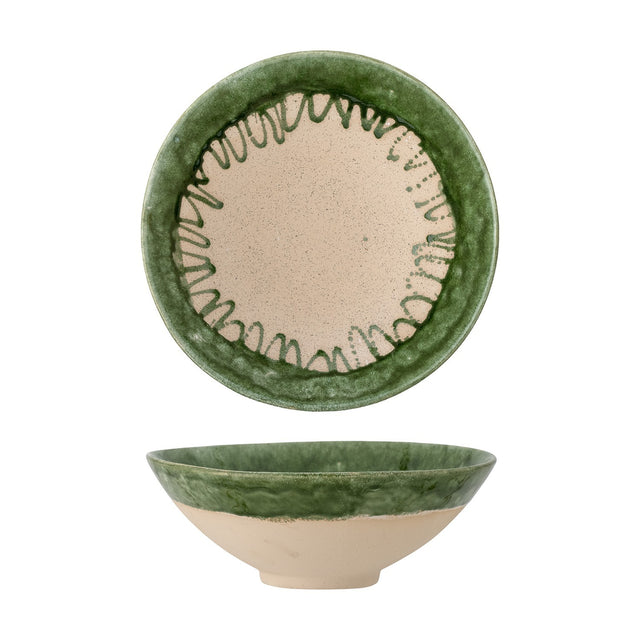 Moez Stoneware Bowl 30cm in Green, shown from top and side, with a glossy green rim featuring a looped pattern and a speckled beige centre, on a plain white background.