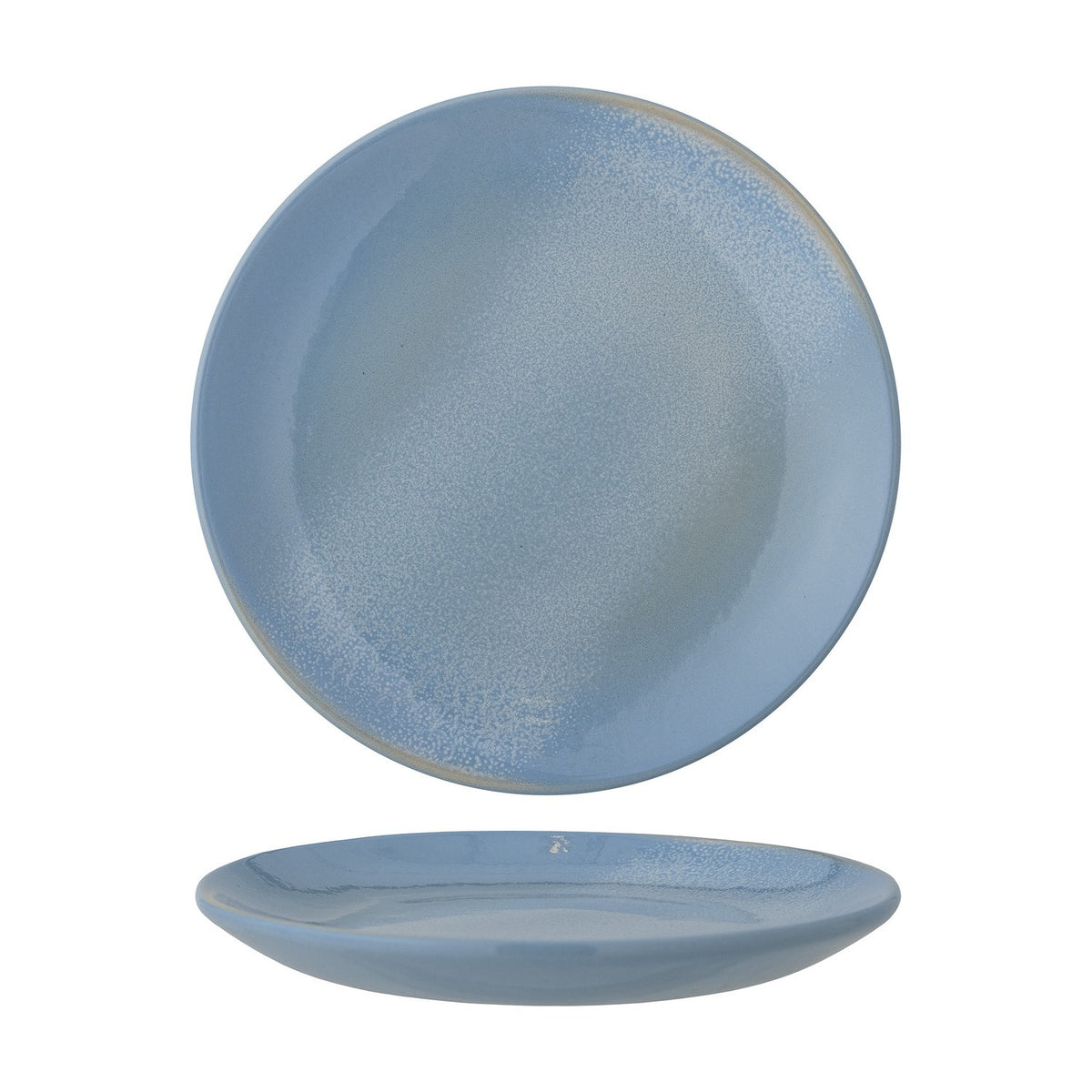 Safie Speckled Stoneware Plate in blue, shown front and side on, with a frosted speckled glaze fading to clear and a soft low curved rim, against a plain white background.
