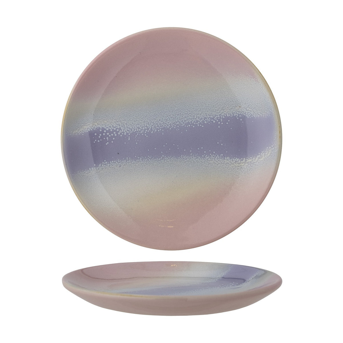 Safie Stoneware Plate in Pink shown front-facing and in profile, a small round ceramic side plate with a glossy pink glaze and a speckled grey-blue band across its centre, on a plain white background.