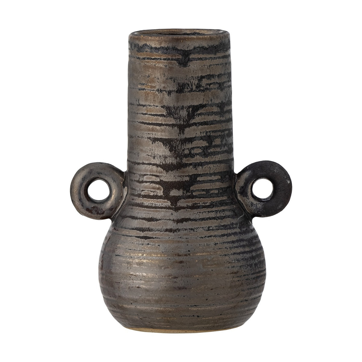 Casaya Stoneware Vase 13.5cm in brown, tall narrow neck with round belly and two ring handles at the shoulder, ridged texture with streaked glaze, on a white background.