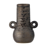 Casaya Stoneware Vase 13.5cm in brown, tall narrow neck with round belly and two ring handles at the shoulder, ridged texture with streaked glaze, on a white background.