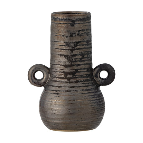 Casaya Stoneware Vase 13.5cm in brown, tall narrow neck with round belly and two ring handles at the shoulder, ridged texture with streaked glaze, on a white background.