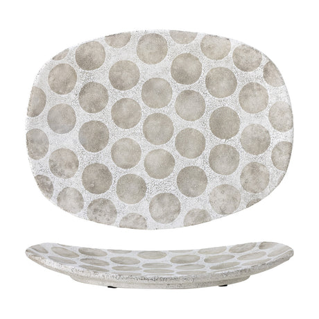 Felan Terracotta Tray in white, an oblong serving tray with crackled finish and large round spot pattern, shown top-down and in side profile against a white background.