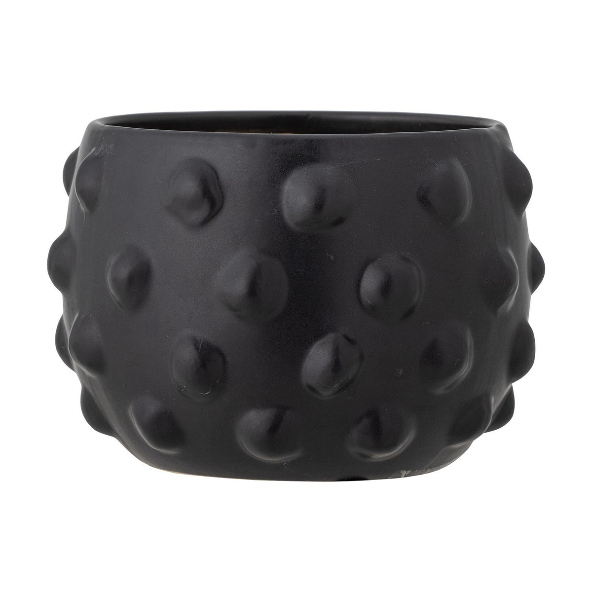Parvin Terracotta Plant Pot in black, round wide-bodied design with raised dot texture covering the surface, shown on a plain white background.