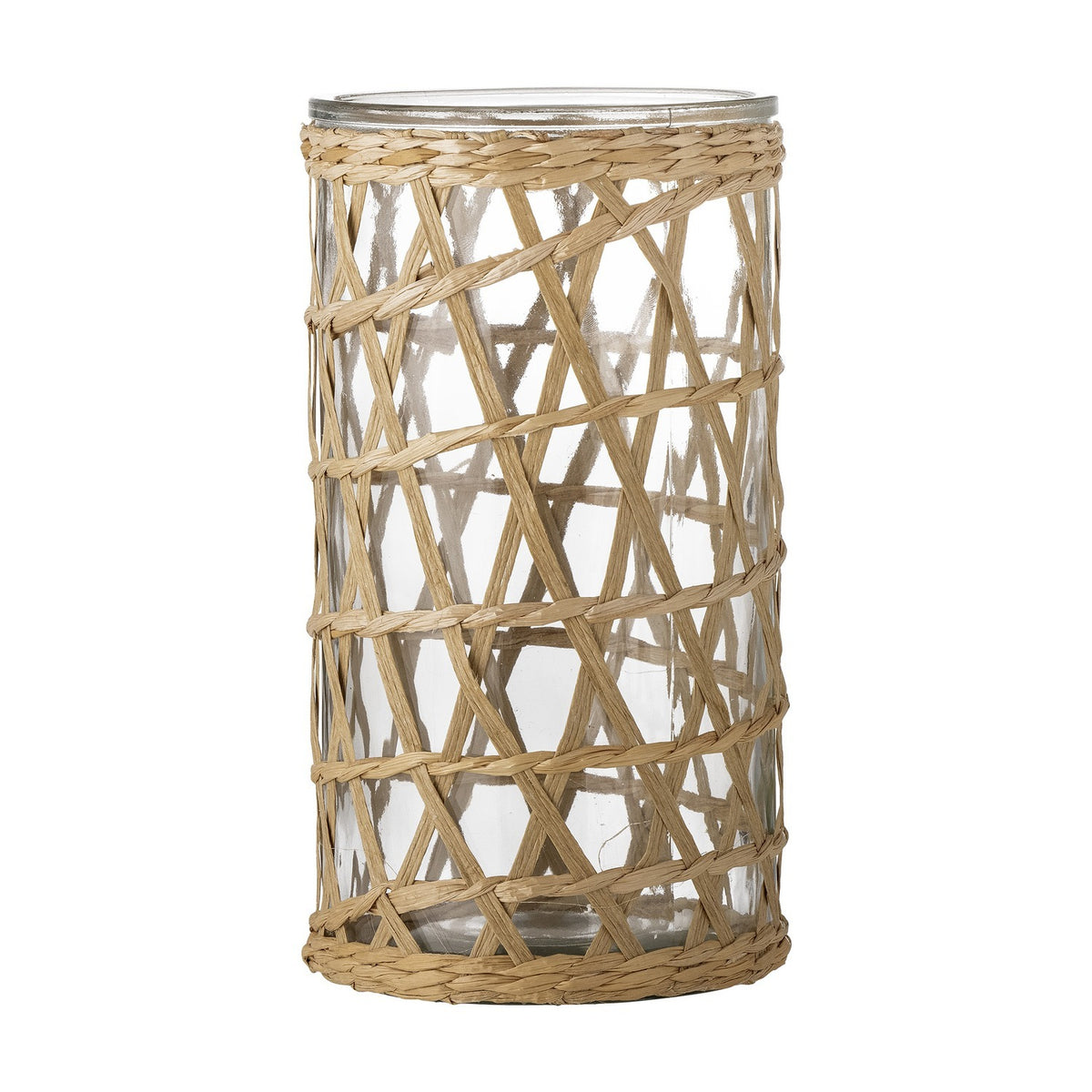Tanea tall glass tealight holder with open beige woven grass lattice and twisted bands at rim, base and sides, shown on a plain white background.