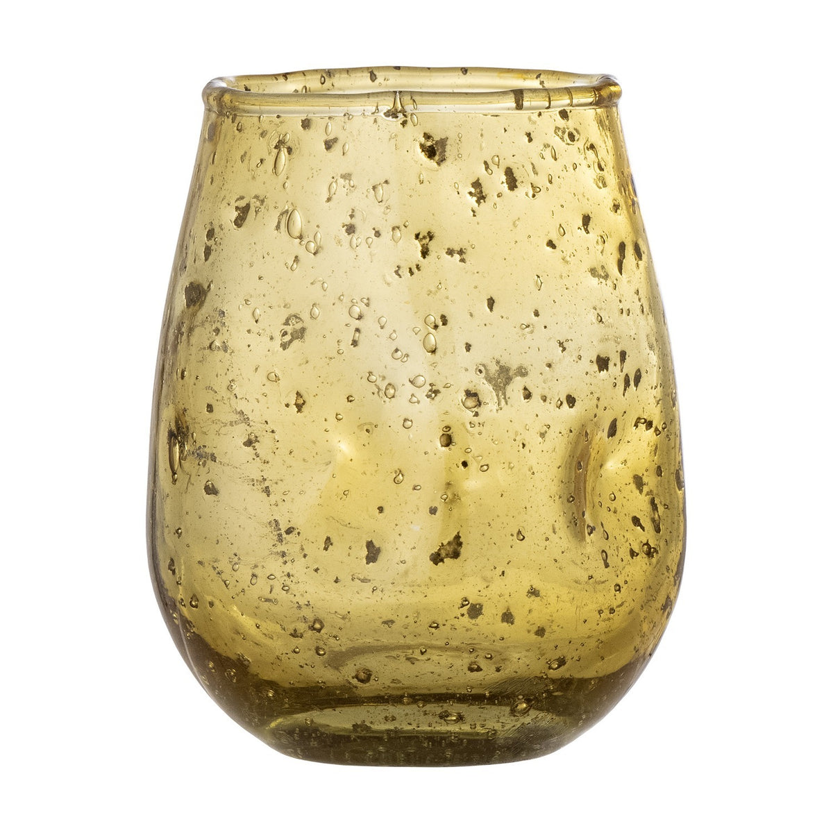 Henrike Speckled Glass Tealight Holder in amber, a tapered glass votive with bubbled, speckled texture and an uneven rim, shown on a plain white background.