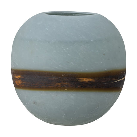 Melike Striped Glass Vase 18.5cm in blue, a round frosted glass vase with a dark uneven central band and small mouth, shown on a plain white background.