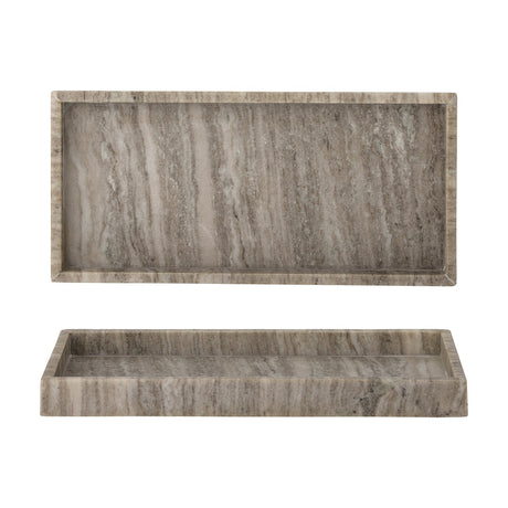 Majsa rectangular marble tray, 38x18cm, in brown with natural veining and a low raised rim, shown from above and at an angle on a white background.