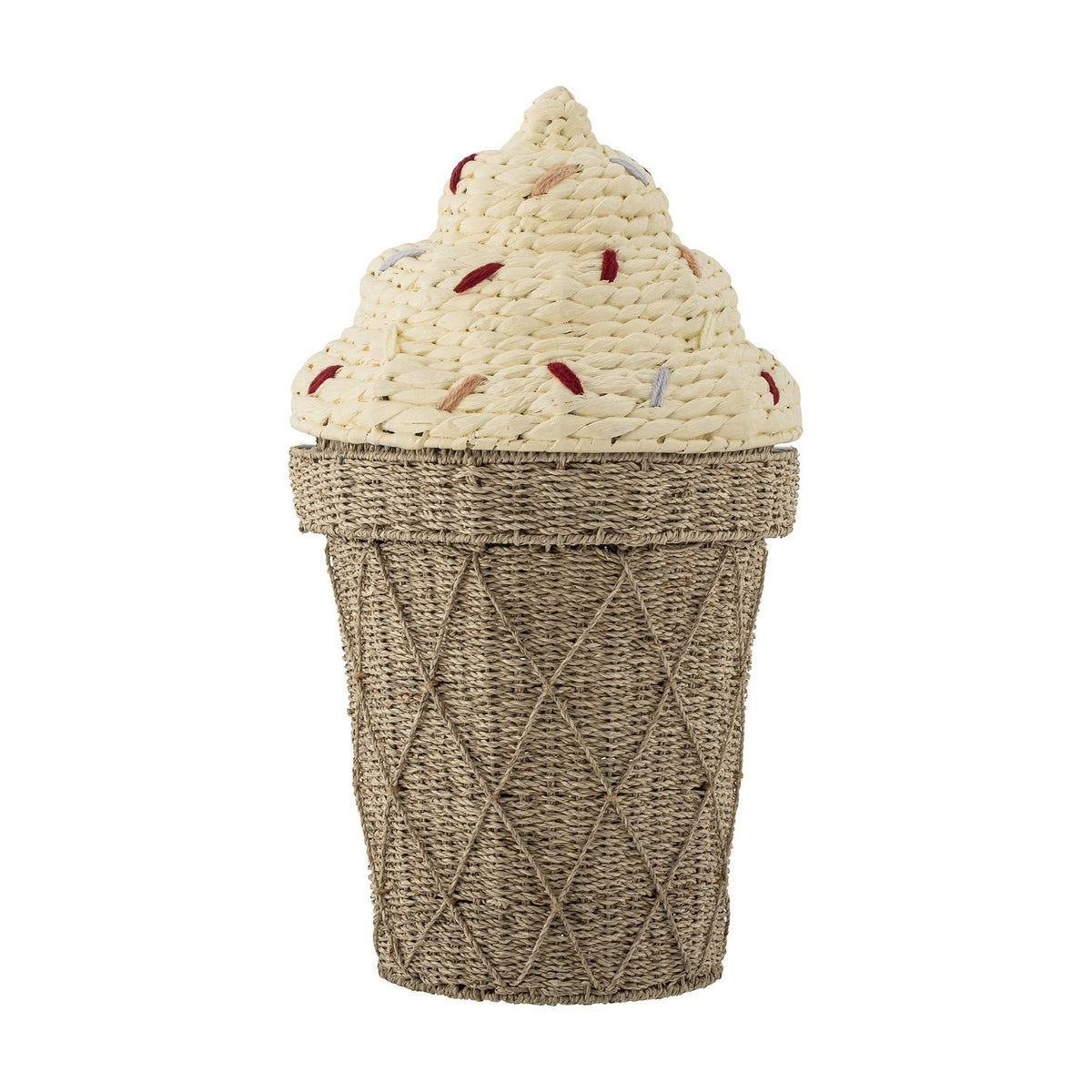 Cillie Seagrass Basket with Lid, 72cm, shaped like a soft-serve ice cream cone with a criss-cross woven base and a swirled lid dotted with coloured stitched sprinkles, on a white background.