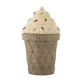 Cillie Seagrass Basket with Lid, 72cm, shaped like a soft-serve ice cream cone with a criss-cross woven base and a swirled lid dotted with coloured stitched sprinkles, on a white background.