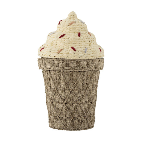 Cillie Seagrass Basket with Lid, 72cm, shaped like a soft-serve ice cream cone with a criss-cross woven base and a swirled lid dotted with coloured stitched sprinkles, on a white background.