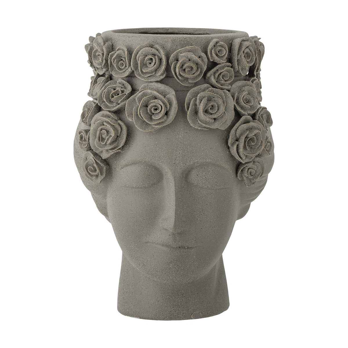 Akira Stoneware Vase 30cm in grey, shaped as a woman's head with closed eyes and a crown of raised roses around the rim and temples, matt textured finish, shown on a plain white background.