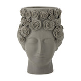 Akira Stoneware Vase 30cm in grey, shaped as a woman's head with closed eyes and a crown of raised roses around the rim and temples, matt textured finish, shown on a plain white background.
