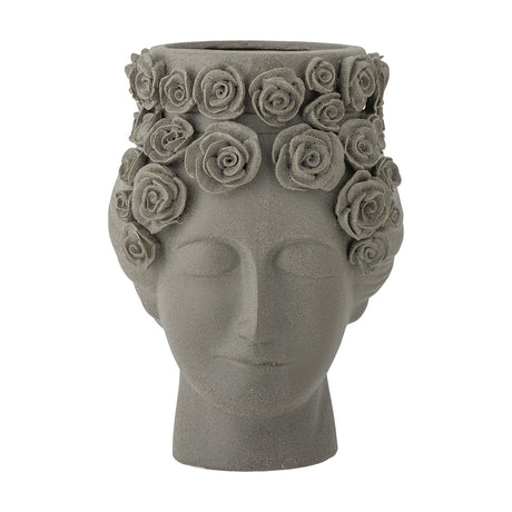 Akira Stoneware Vase 30cm in grey, shaped as a woman's head with closed eyes and a crown of raised roses around the rim and temples, matt textured finish, shown on a plain white background.