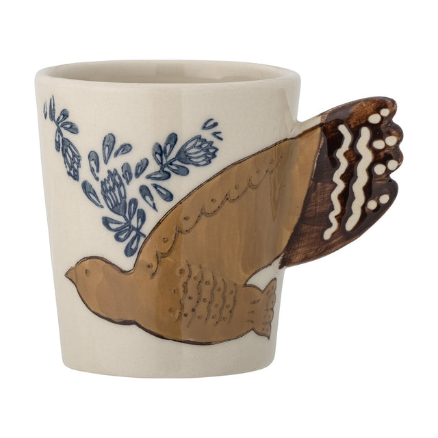 Hezha Stoneware Cup 260ml in cream, hand-painted with a bird in flight and floral sprigs, its fanned tail forming the handle, shown on a plain white background.