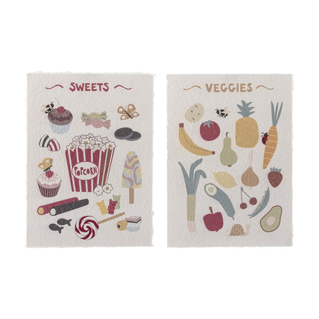 Papio Posters Set of 2 on textured paper, "SWEETS" with popcorn, cupcakes, lollipop and sweets, and "VEGGIES" with pineapple, carrot, banana and pear illustrations, shown on a plain white background.