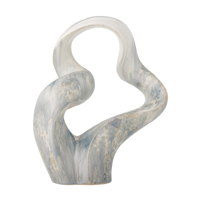 Rouyi Stoneware Ornament in grey, an abstract sculpture with twisting curved arms looping at the top, marbled grey and white glaze, on a plain white background.