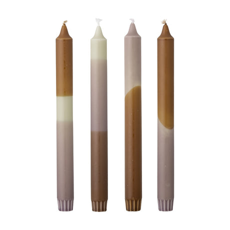 Dip Dye Fluted Candles Pack of 4, four slim paraffin dinner candles in brown, cream, and grey dip dye bands with fluted bases, set against a plain white background.