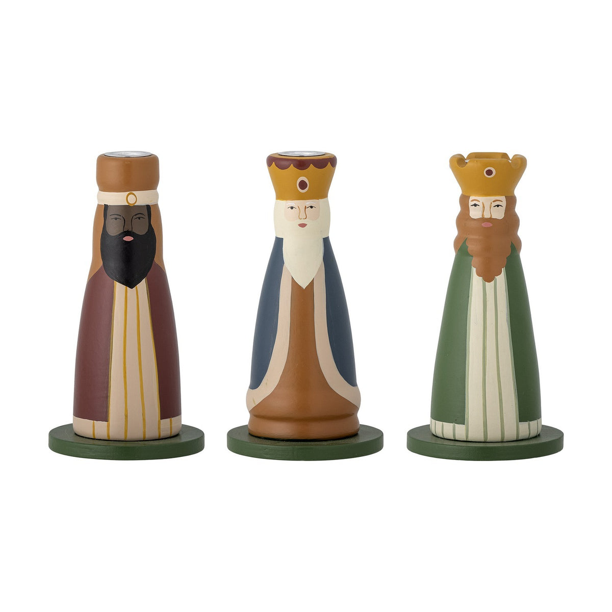 Betiel Wooden Christmas Candle Holders Set of 3, three beech figures as bearded kings in brown, blue and green robes with crowns or cap, metal candle cups on heads, on a white background.