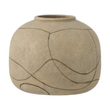 Niza Terracotta Vase 16.5cm in Natural, a rounded, wide-bodied vase with a short raised neck and fine curving line patterns on a textured surface, shown against a plain white background.