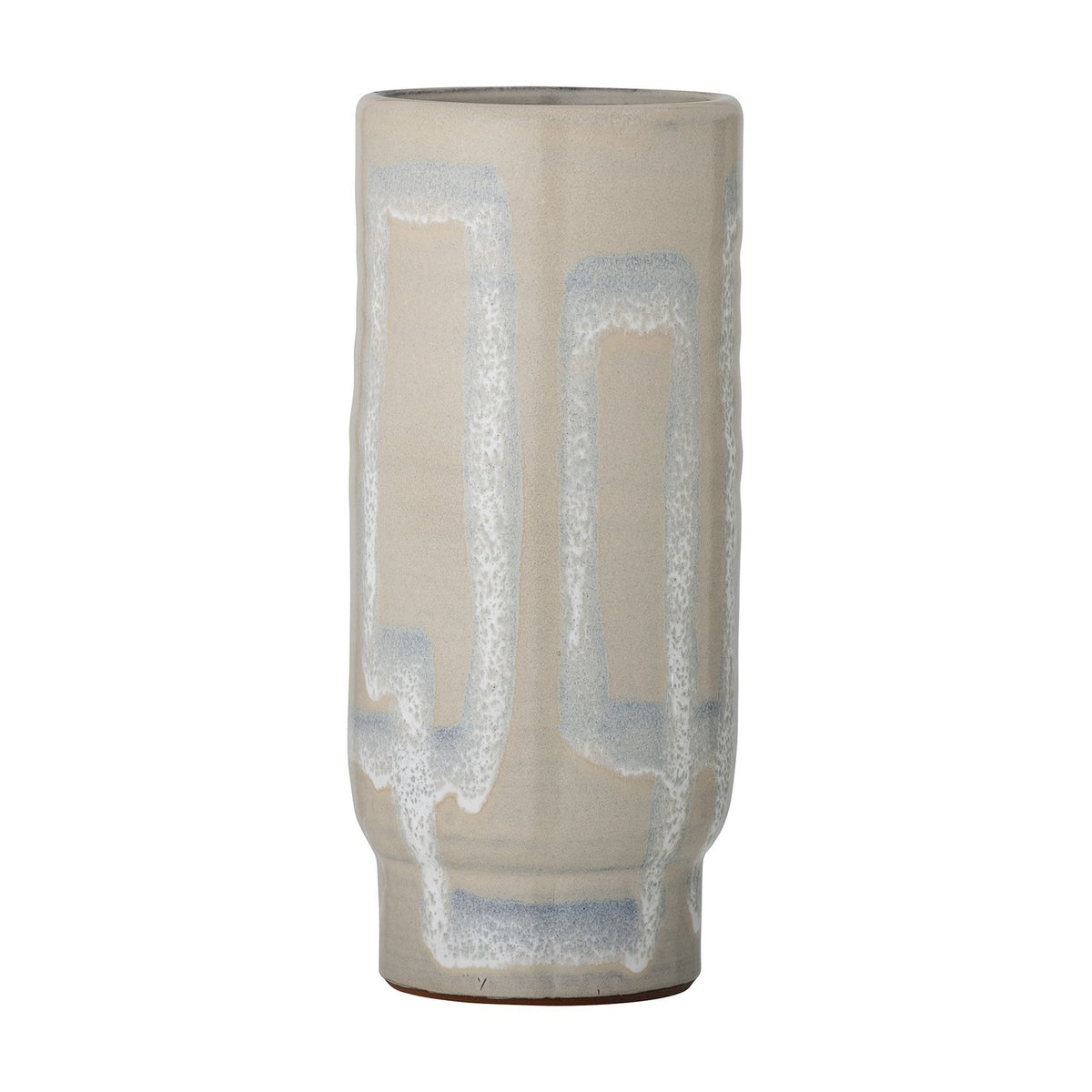 Vefa Terracotta Vase 28.5cm in natural tone, tall cylindrical shape with narrow foot, pale speckled glaze forming looped rectangular drips, shown on a plain white background.