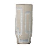 Vefa Terracotta Vase 28.5cm in natural tone, tall cylindrical shape with narrow foot, pale speckled glaze forming looped rectangular drips, shown on a plain white background.
