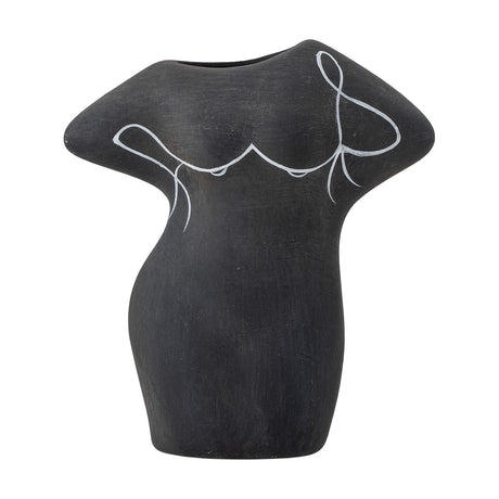Lulu Terracotta Vase 16cm in black, shaped like a woman's torso with rounded shoulders and curved hip, featuring a white line-drawn neckline and bow, on a plain white background.