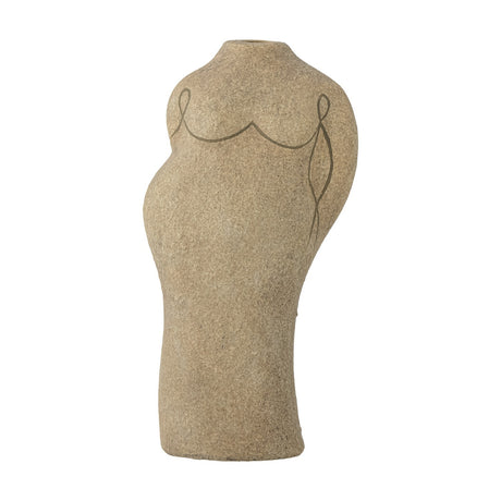 Lulu Terracotta Vase 19.5cm in Beige, shaped like a woman's torso with a textured sandstone-like finish and a fine looped line across the chest, set against a white background.