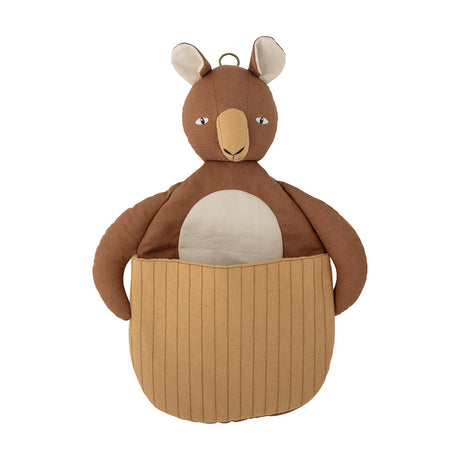 Toto Linen Wall Basket in brown, a kangaroo-shaped fabric storage pouch with padded body, stitched ears, and a quilted front pocket, shown on a plain white background.
