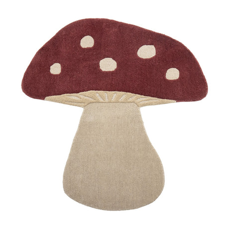 Mushroom Wool Rug 90x85cm in Red, shaped like a toadstool with a spotted cap, gill detailing, and a tapered beige stalk, shown on a plain white background.