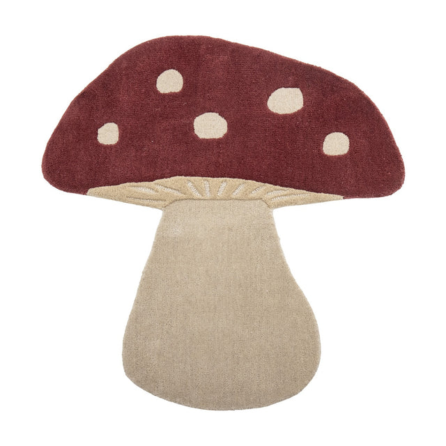 Mushroom Wool Rug 90x85cm in Red, shaped like a toadstool with a spotted cap, gill detailing, and a tapered beige stalk, shown on a plain white background.