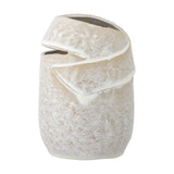 Abeera Stoneware Vase 20cm in beige, a textured ceramic vase with a wrapped, folded band across the top creating an angled opening, shown on a plain white background.