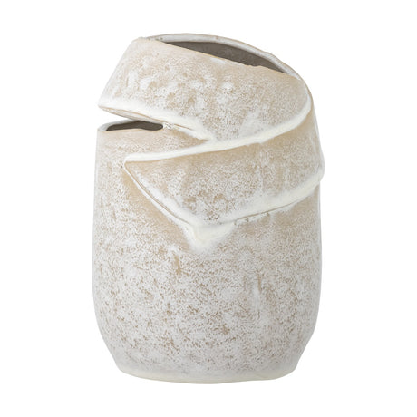 Abeera Stoneware Vase 20cm in beige, a textured ceramic vase with a wrapped, folded band across the top creating an angled opening, shown on a plain white background.