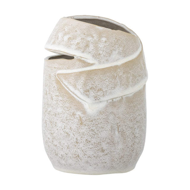 Abeera Stoneware Vase 20cm in beige, a textured ceramic vase with a wrapped, folded band across the top creating an angled opening, shown on a plain white background.