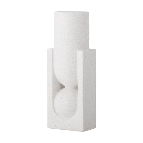 White speckled stoneware vase, 34cm, with a tall cylindrical top on a rectangular base, pinched waist, and a ball detail in a carved channel, shown on a plain white background.
