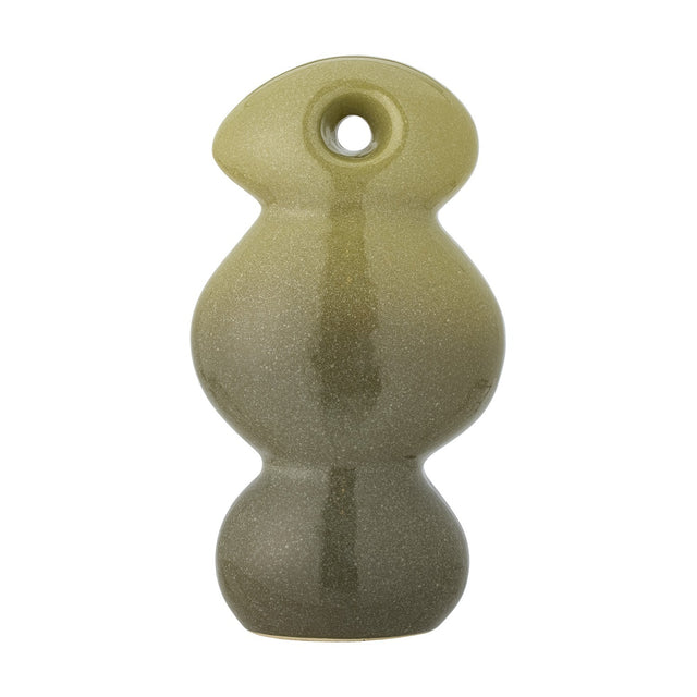 Kauai Stoneware Ornament in green, a sculptural ceramic figurine of three stacked rounded forms with a pierced flattened head, glossy speckled glaze fading from light to deep green.