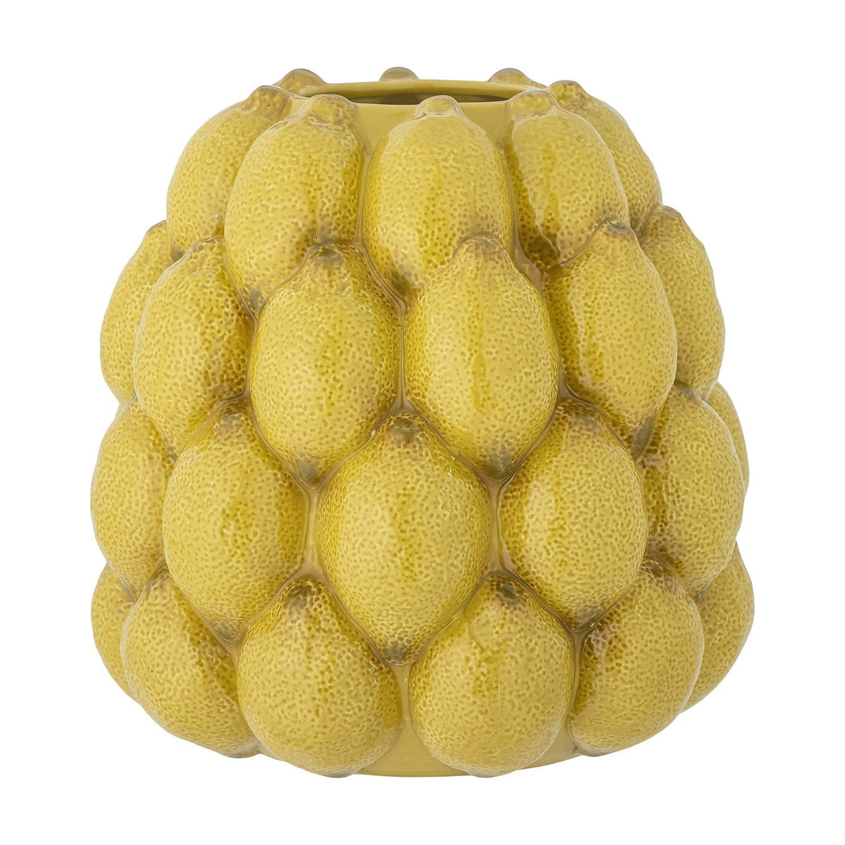 Limone Stoneware Vase in yellow, 22cm, round ceramic form covered in tightly packed raised lemons with glossy, dimpled skin texture, shown on a plain white background.