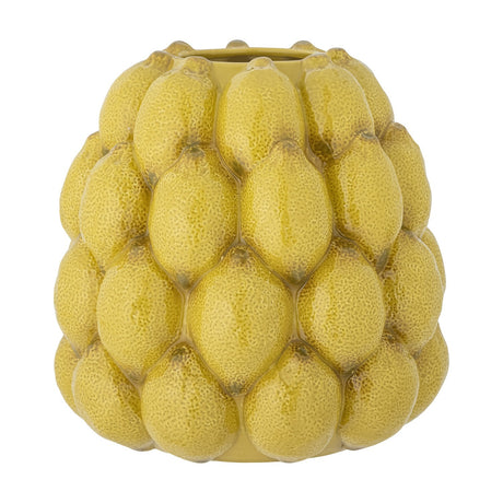 Limone Stoneware Vase in yellow, 22cm, round ceramic form covered in tightly packed raised lemons with glossy, dimpled skin texture, shown on a plain white background.