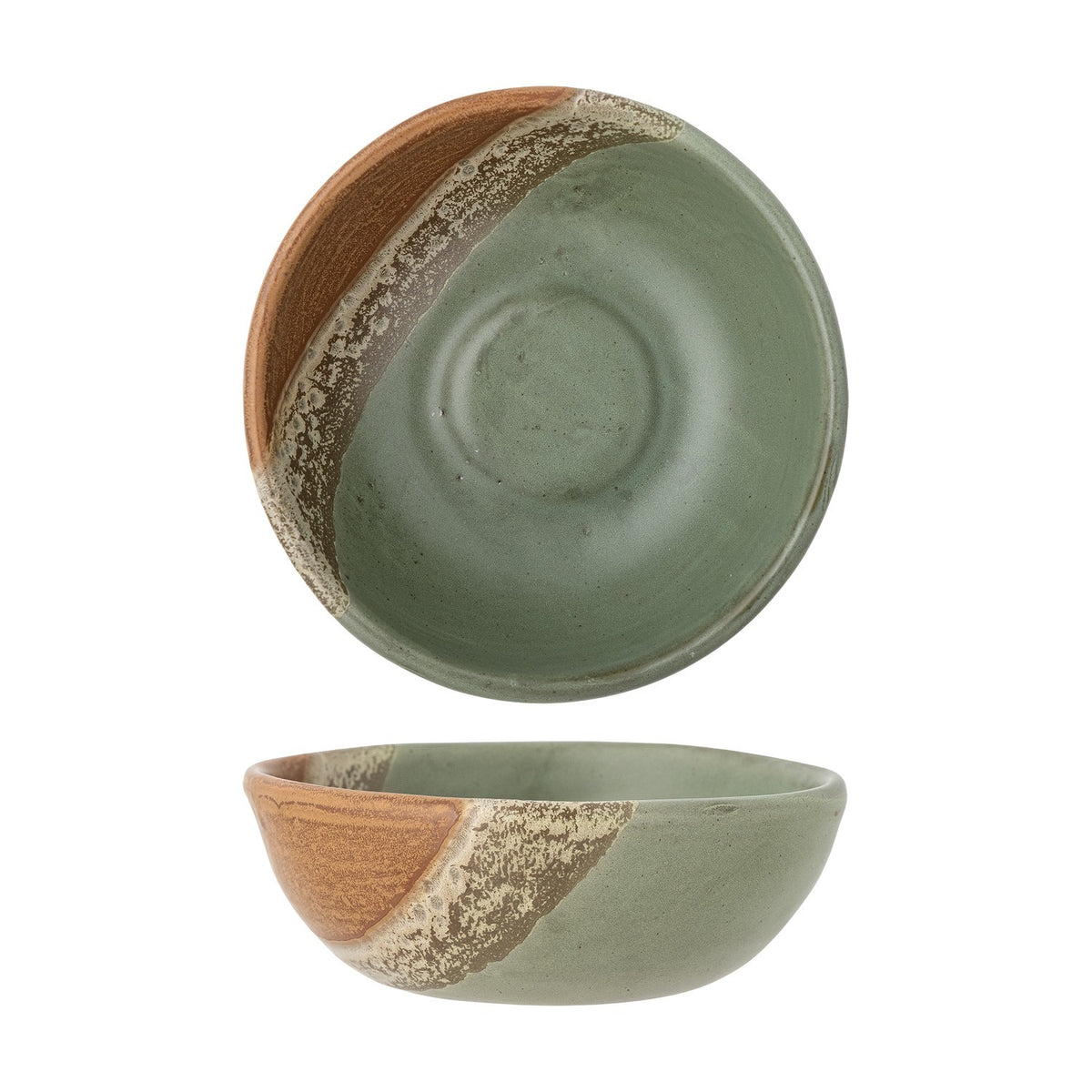 Paula Stoneware Bowl 16cm in Green, shown top-down and side-on, with a reactive green glaze and a diagonal terracotta band with ridged texture, on a plain white background.