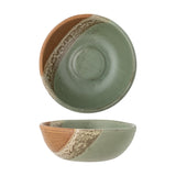 Paula Stoneware Bowl 16cm in Green, shown top-down and side-on, with a reactive green glaze and a diagonal terracotta band with ridged texture, on a plain white background.