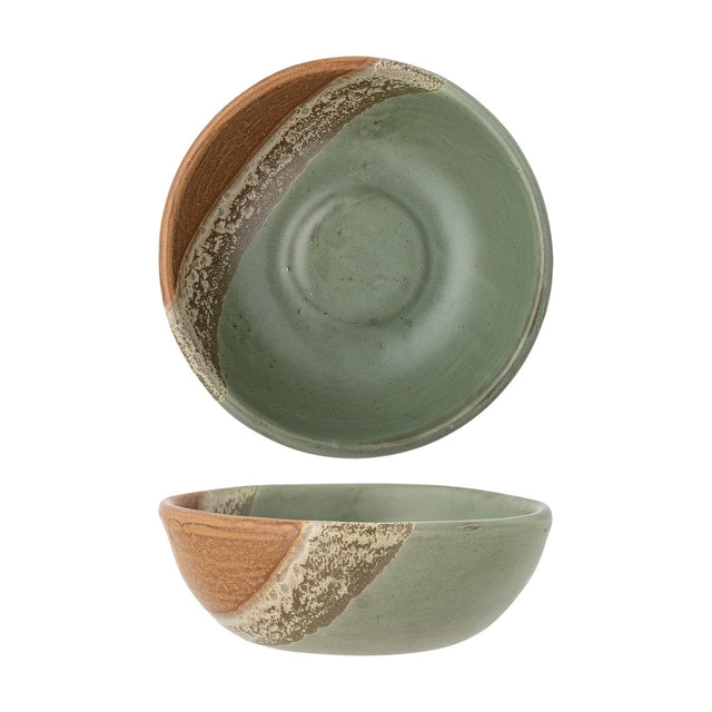 Paula Stoneware Bowl 16cm in Green, shown top-down and side-on, with a reactive green glaze and a diagonal terracotta band with ridged texture, on a plain white background.