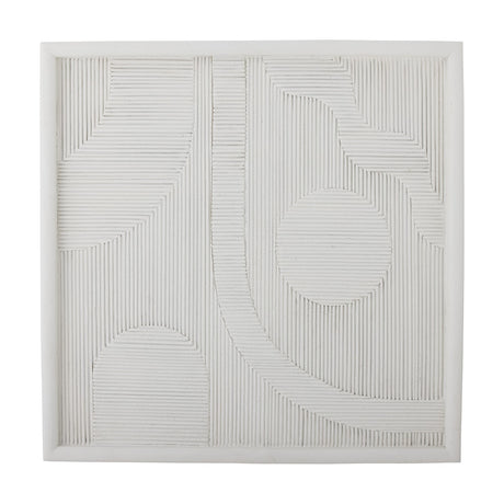 Square white resin wall decor panel with fine ridged texture forming arches, a circle, and a curved band within a plain raised border, shown on a white background.