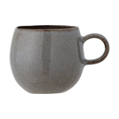 Sandrine Stoneware Mug 500ml in Grey, a round-bellied ceramic mug with speckled reactive glaze, darker rim and loop handle, shown against a plain white background.